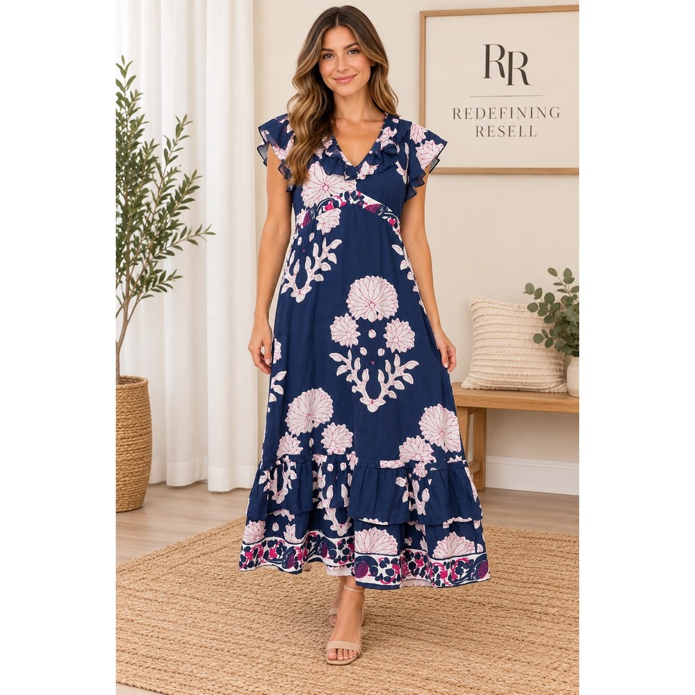 La Plage Navy Blue Pink Floral Block Print Ruffle Maxi Dress XS Flutter Sleeve